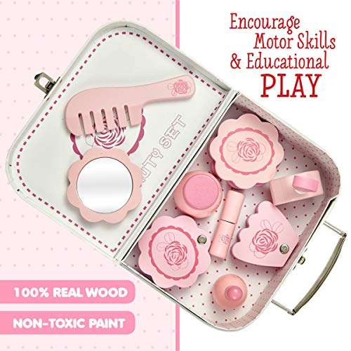 Dragon Drew Wooden Toy Beauty Set – 10 Piece Kit - Girls Salon Set with Makeup, Brush, Mirror and Cosmetics Case - 100% Natural Wood, Nontoxic Paint, Smooth Edges 4