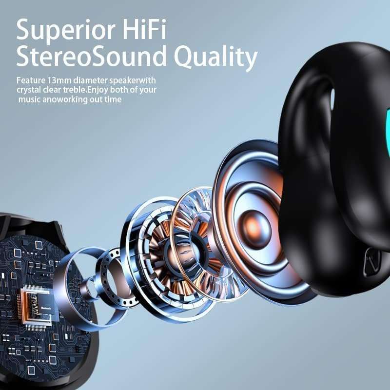 Open Ear Bone Conduction Earbuds Wireless Clip On Headphones with Digital Display Charging Case with Ear Hook Built-in Mic IPX7 Waterproof Bluetooth 5.3 Sport Earphones for Running Fitness Black 6