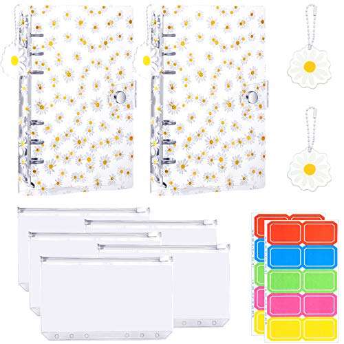 2 Pieces Daisy A6 Binder Cover Refillable 6 Ring Notebook Binder with Acrylic Daisy Pendant and 5 Pieces 6 Holes A6 Zipper Pocket 2 Sheet Self-Adhesive Writable Label for Home Office School