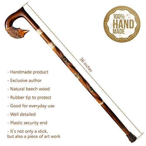 Orsus Wooden Walking Cane for Women Walking Stick Fox Hand Carved Stick 36" Womens Stick 2