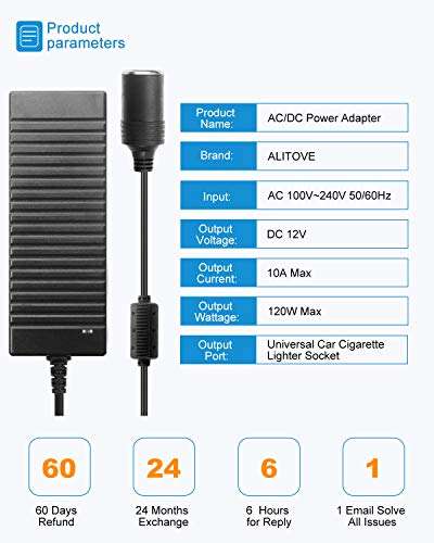 ALITOVE AC to DC Converter 110V ~ 240V to 12V 10A 120W Power Supply Adapter Car Cigarette Lighter Socket AC/DC Transformer for Car Vacuum Cleaner, Car Refrigerator and Other Car Devices 2