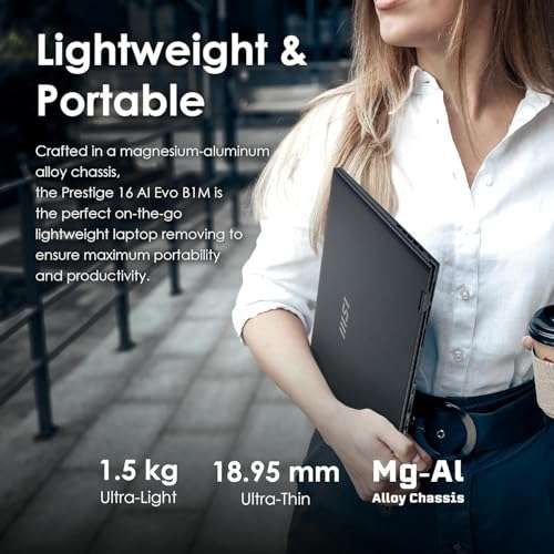 MSI Prestige 16 AI Evo Laptop, Intel Ultra 7-155H, 16" QHD+ Ultra Thin Professional Laptop, 32 GB DDR5, 1 TB SSD, ARC Graphics, Backlit Keyboard, WiFi 7, with Windows 11 Pro & Office Lifetime License 4