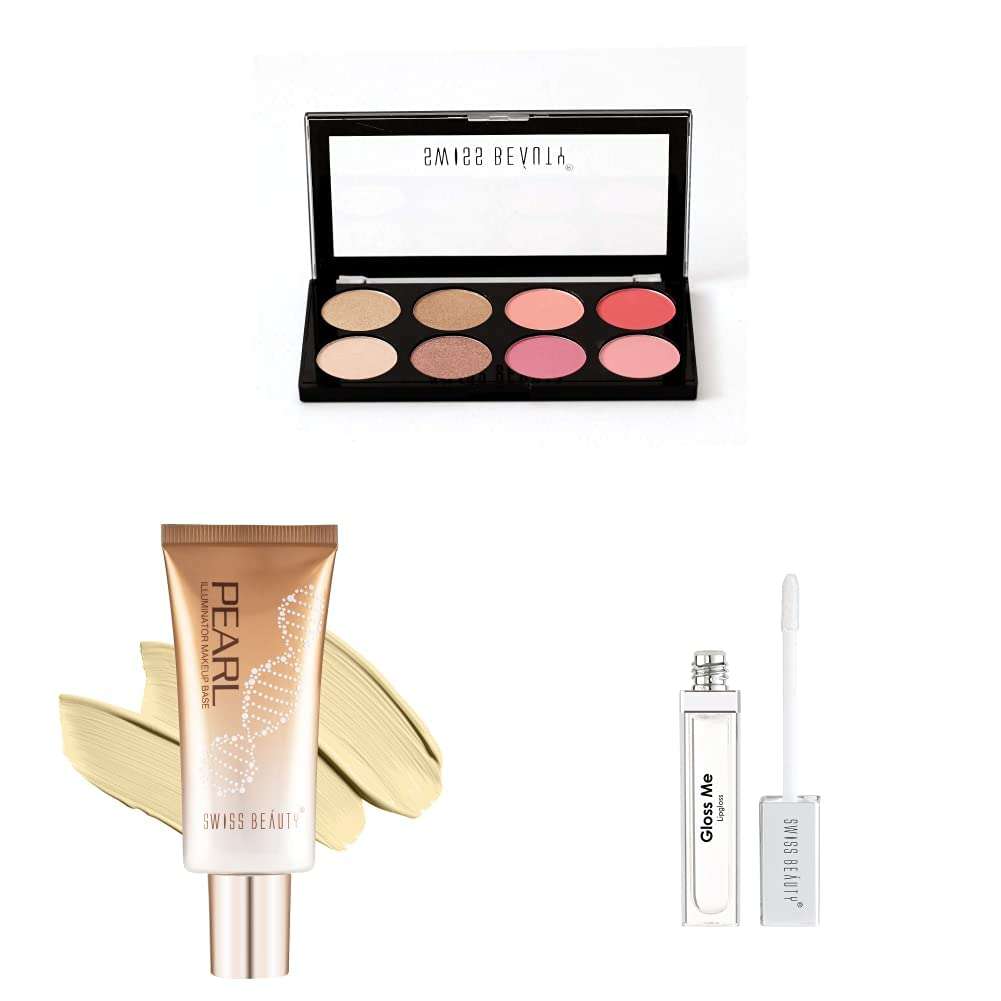 SWISS BEAUTY Ultra Blush Palette, Multicolor-01, 16g & Swiss Beauty Foundation Pearl Illuminator, Face MakeUp,golden-Pink, 35gm & SWISS BEAUTY Metallic Lipglossgloss ME, Lip MakeUp, White, 6ml