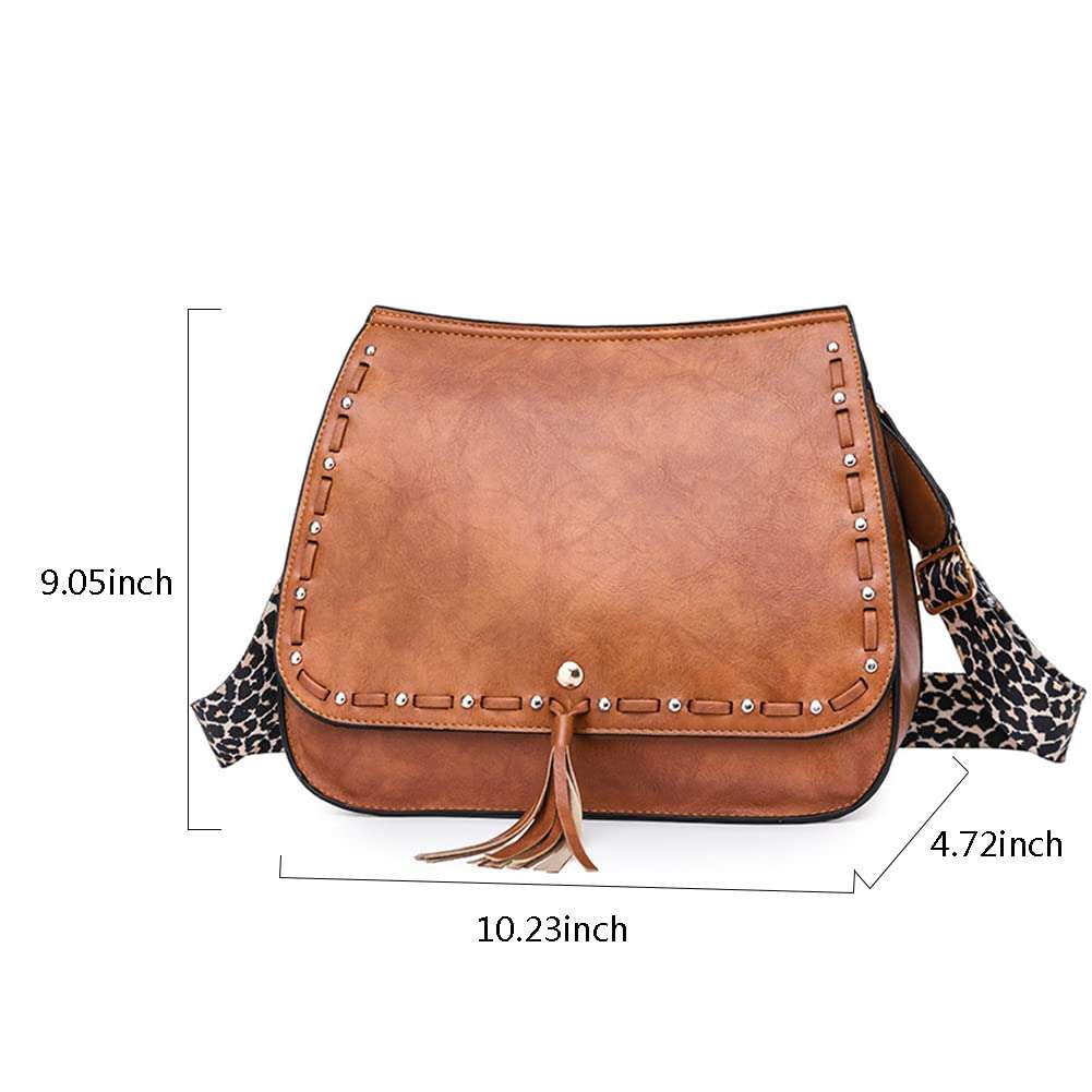 HQSOG Women Crossbody Handbag Faux Leather Shoulder Retro Purse Flap Satchel with Tassel and leopard print strap 4