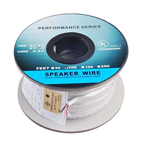 100ft (30m) Pro Series 18 Gauge 2-Conductor Speaker Wire (100 Feet / 30 Meter) White 99.9% Oxygen Free Copper ETL Listed & CL2 Rated with White PVC Jacket (for in-Wall Installation) (CNE729206) 3