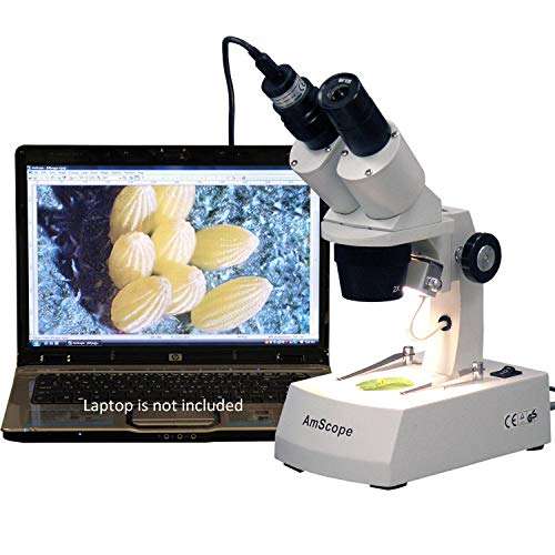 AmScope SE305R-AZ-E Digital Forward-Mounted Binocular Stereo Microscope, WF10x and WF20x Eyepieces, 10X/20X/30X/60X Magnification, 1X and 3X Objectives, Upper and Lower Halogen Light Source, Arm Stand, 120V, Includes 0.3MP Camera and Software 5