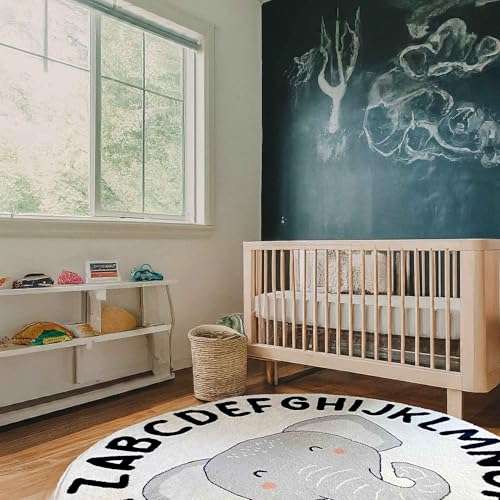 ABC Round Alphabet Nursery Rug, Soft Fluffy Carpet for Playroom, Bedroom, Classroom - Washable Non-Slip White Fuzzy for Girls & Boys, Kids Play Rug (Baby Elephant, White) (40in x 40in (100cm x 100cm)) 6