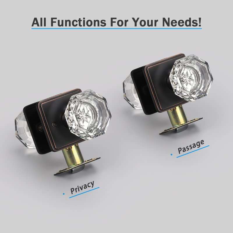 KNOBWELL 5 Pack Privacy Glass Door Knobs Interior Oil Rubbed Bronze, Keyless Door Knob with Lock Bedroom, Octagon Indoor Door Knob Set 6