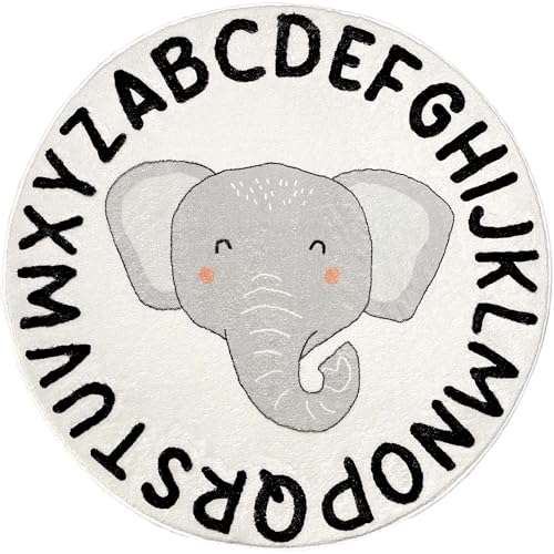 ABC Round Alphabet Nursery Rug, Soft Fluffy Carpet for Playroom, Bedroom, Classroom - Washable Non-Slip White Fuzzy for Girls & Boys, Kids Play Rug (Baby Elephant, White) (40in x 40in (100cm x 100cm)) 1