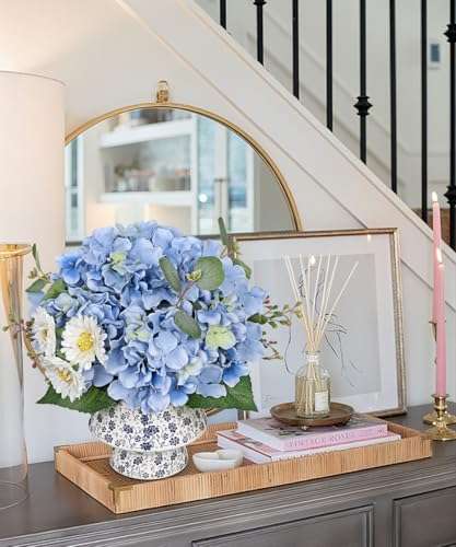 Fake Flowers Artificial Hydrangea Flowers in Rustic Galvanized Metal Pot Shabby Chic Rose Flower Arrangement Faux Flower Bouquet for Farmhouse Table Centerpiece Windowsill Indoor Decoration 6