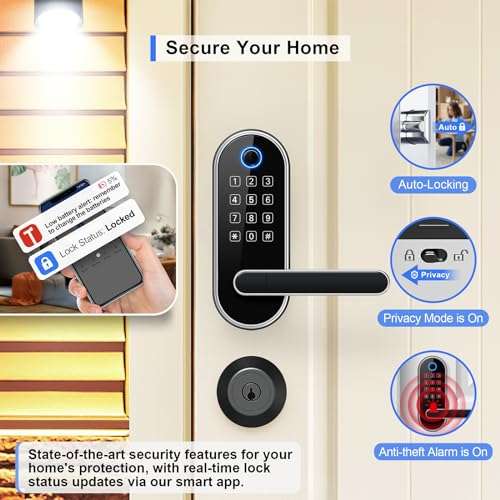 Keyless Entry Fingerprint Smart Lock with Handle & Keypad: Electronic/Electric Digital Lock with Code/Passcode, Biometric Deadbolt Door Knob for Front Door, Bedroom, Interior or Exterior Use (Silver) 4