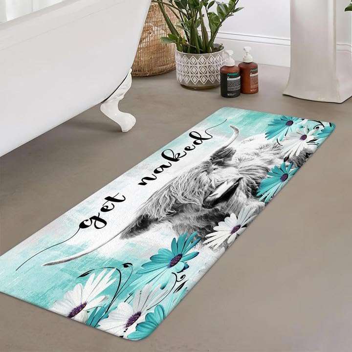 Bcsewcg Get Naked Bath Mat for Bathroom, Farmhouse Highland Cow Non-Slip Bathroom Rug,Teal Floral Western Cow Bath Mat,Bathroom Accessories 4