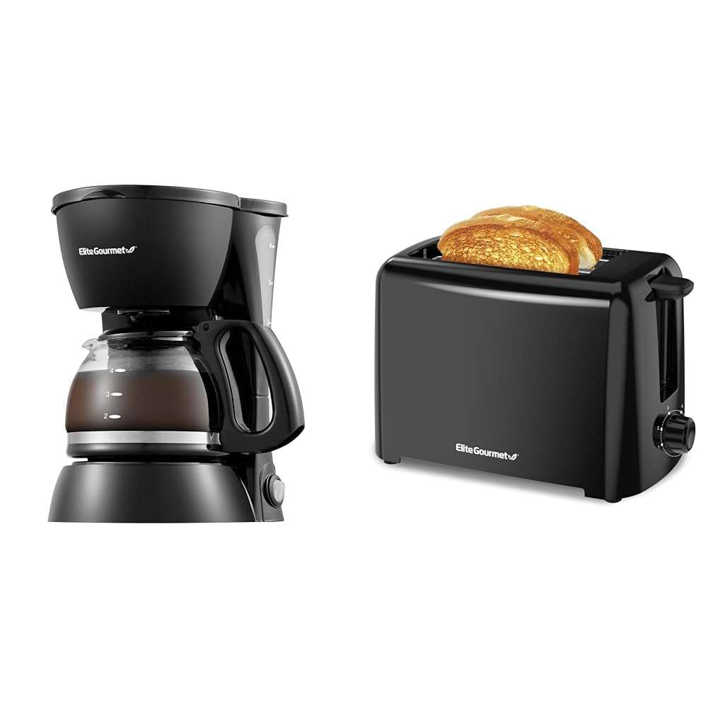 Elite Gourmet 4-Cup Coffee Maker, 2-Slice Cool Touch Toaster with Extra Wide Slots and 6 Browning Settings Bundle