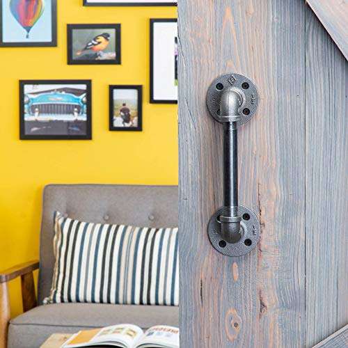 Rustic Industrial Pipe Décor Barn Door Handle, 6 Inch - Authentic Industrial Steel Grey Iron Fittings, Flanges and Pipes for Custom Vintage Hanging Doors, DIY Kit with Hardware 3