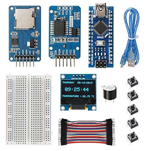 WayinTop Real Time Clock Kit with Tutorial for Arduino, DS3231 AT24C32 Clock Module + Micro SD Card Driver + Nano V3.0 Development Board + OLED 128X64 Display + Buzzer + Breadboard Jumper Wires 1