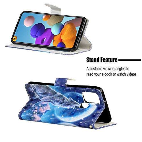 QIVSTAR Case for Samsung Galaxy A21S 3D Book Style Case 360 Degree Protective Case with Wrist Strap Flip Folio Case for Samsung Galaxy A21S Moon Wolf YY 4