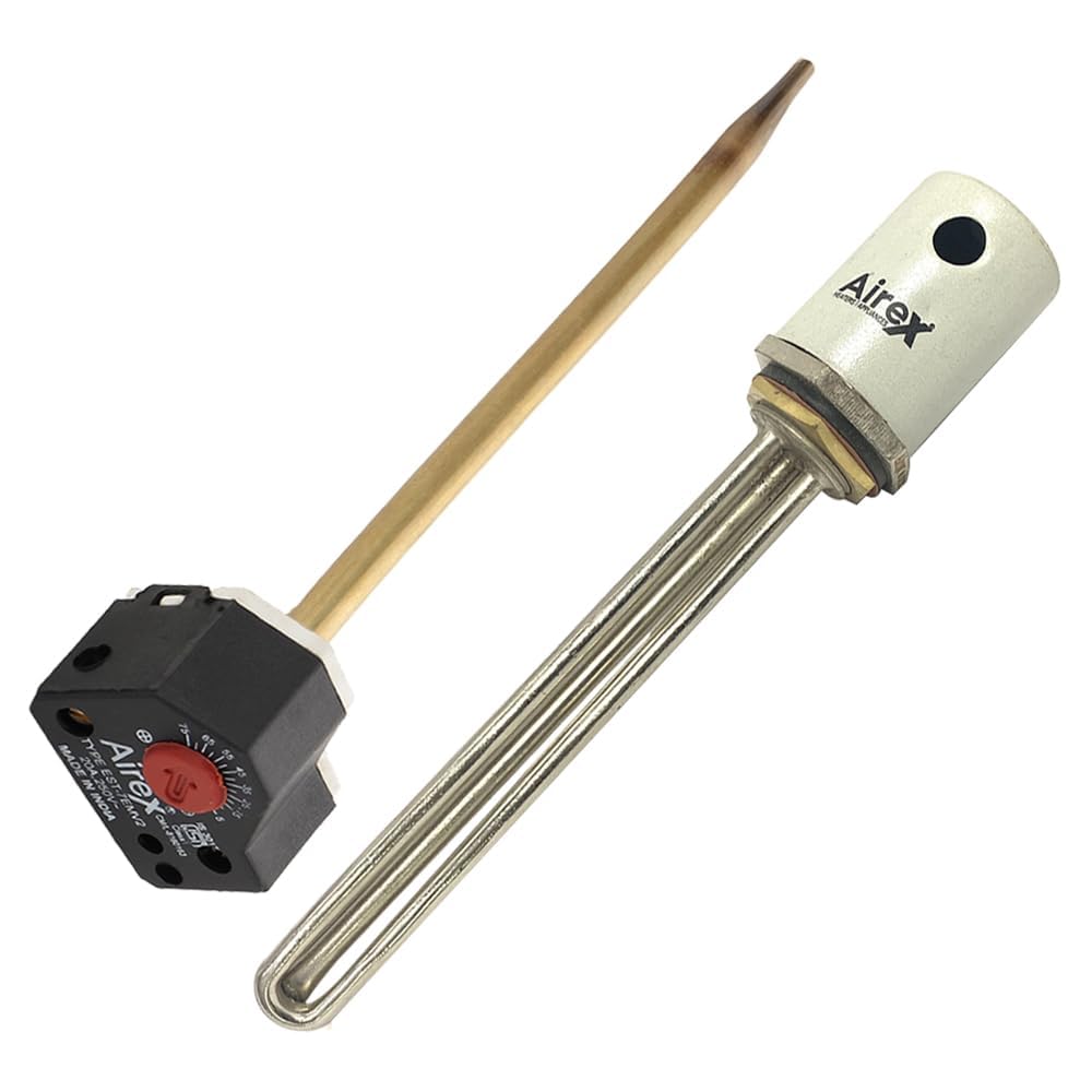 Airex Water Immersion Heater | 2 kW Stainless Steel Double Pipe Heating Element | 1.5-Inch B.S.P. Thread with 11-Inch Auto Cut-Off Thermostat (5–75°C)