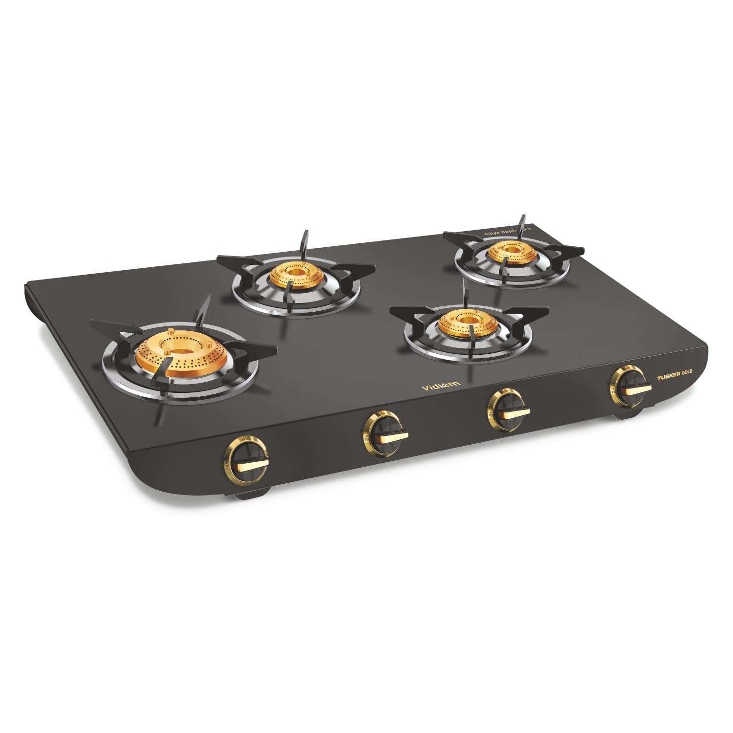 Vidiem 4 Burner ZZ Gas Stove - Tusker Gold Black | Manual Ignition | High-Efficiency Brass Burners | GI Rust-Proof Body | Frameless Design | 5-Year Warranty | Cooktop for Indian Cooking 1