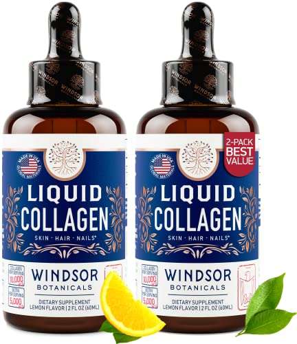 WINDSOR BOTANICALS Liquid Collagen for Women and Men - Hair, Skin, Nails Vitamins - Lemon Flavor Collagen Peptides Hair Growth Drink - 5,000mcg Biotin, 10,000mcg - US Made - 2x2oz 1