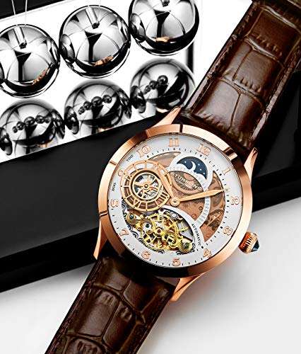 Stührling Original Automatic Watch for Men Skeleton Watch Dial, Dual Time, AM/PM Sun Moon, Leather Band, 571 Mens Watches Series (Rose Gold-A) 4