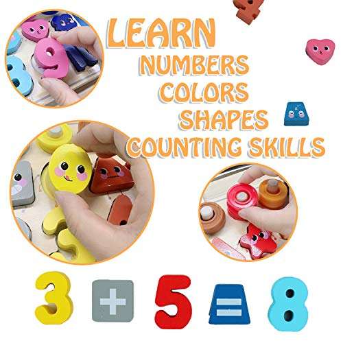 QZMTOY Wooden Montessori Toys for Kids, Toddler Number Puzzles Sorter Counting Shape Stacker Stacking Game Preschool Toys for Boy Girl Learning Education Math Blocks Chunky Puzzles Gift for Toddlers 4