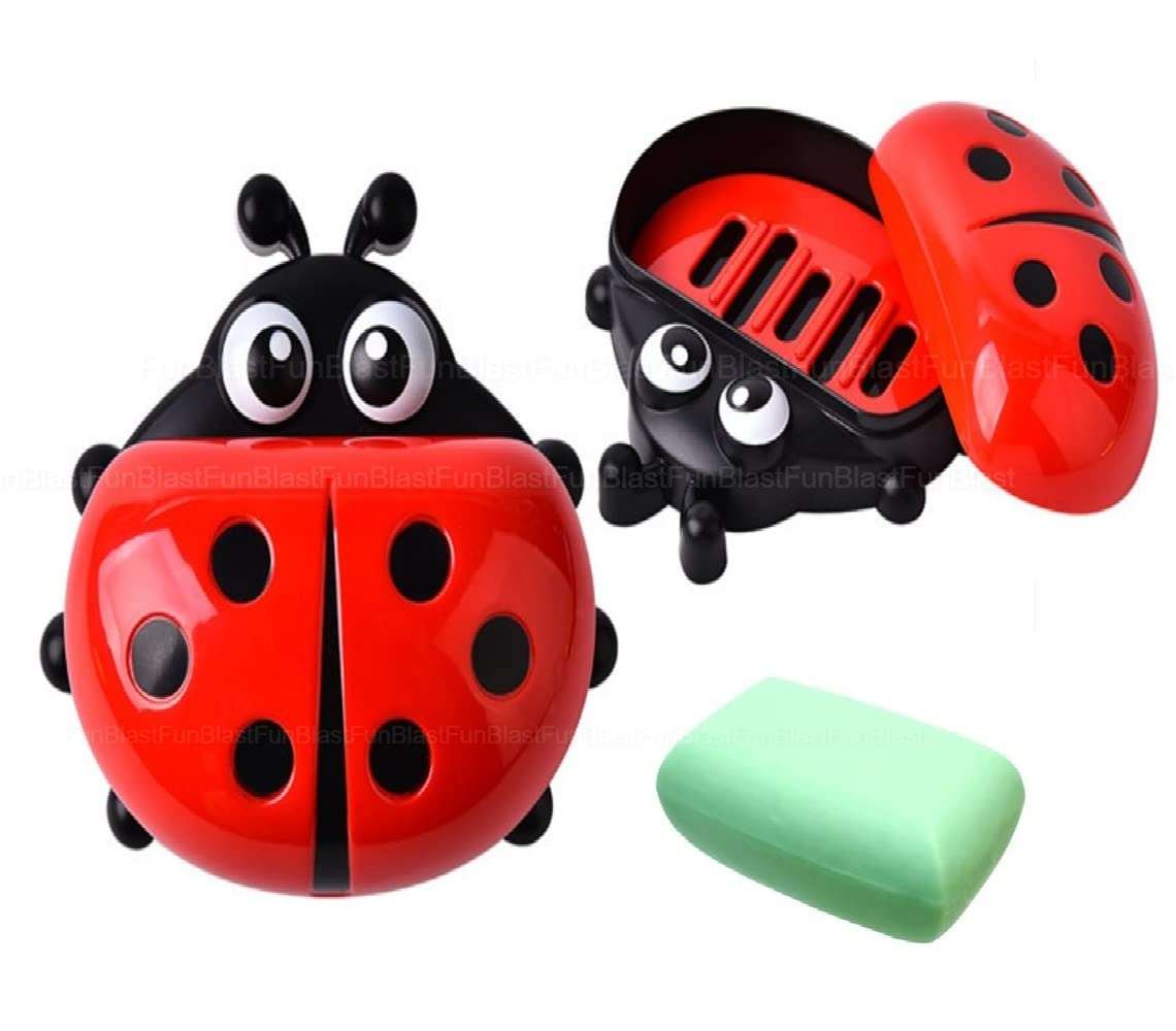 FunBlast Soap Box Holder with Cover – Lady Bug Design Soap Case for Kids Bathroom and Basin, Soap Dish Holder, Double Layer Drain Compartment Soap Tray with Cover (Red)