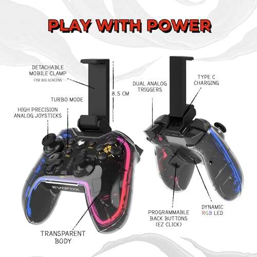 EvoFox One Universal Bluetooth Gamepad For PC, iOS, iPadOS, Android and PS4, Dynamic Rgb Lights, Transparent Design, Programable Buttons, Turbo Mode with The Dojo App, Detachable Mobile Clamp, and More 5