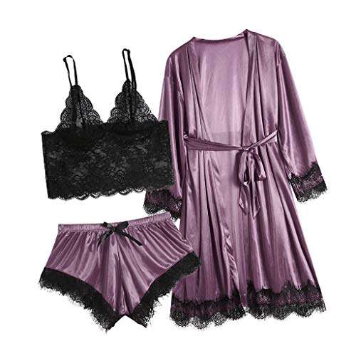 FEDULK 3PCs Women Sexy Lace Lingerie Intimates Nightwear Underwear Sleepwear Dress Suits(Purple, Large) 1