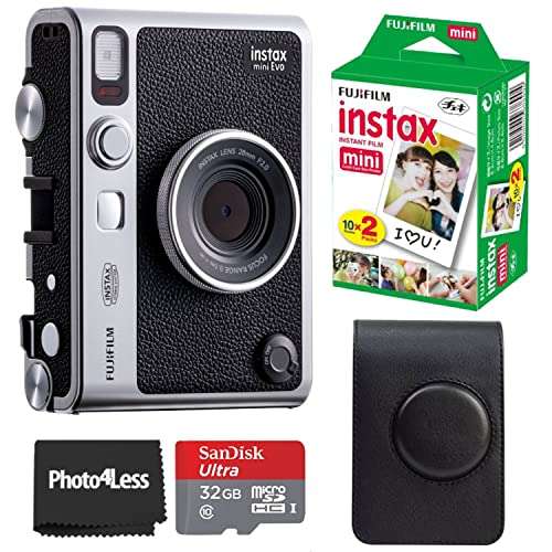Fujifilm Instax Mini EVO Hybrid Instant Camera Black Bundle with Instax Mini Instant Film 20 Sheets, 32GB microSD Card, Vintage Style Black Camera Case, Bundle 1