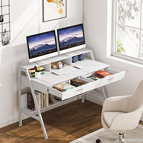 Tribesigns Computer Desk with Storage Shelf & Drawers, Modern 47 inch Office Writing Desk Study Table with Monitor Stand Riser for Home Office Use 2