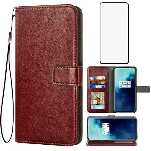 Asuwish Compatible with OnePlus 7T Pro OnePlus7TPro 5G Mclaren Edition Wallet Case Tempered Glass Screen Protector Leather Flip Cover Card Holder Cell Phone Cases for One Plus 7TPro 1Plus 1 + 1+ Brown 1