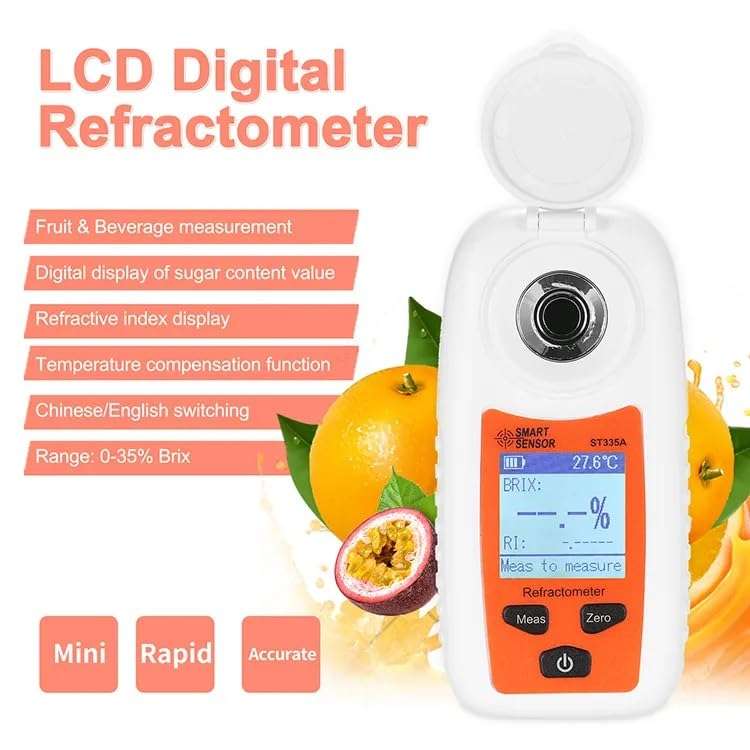 Real Instruments Digital Refractometer 0-35% Smart Sensor ST335A LCD Refractometer Handheld Honey Refractometer ATC Sugar Percent Tester Sugar Concentration Detector Sugar Solution Content Test Tool 3