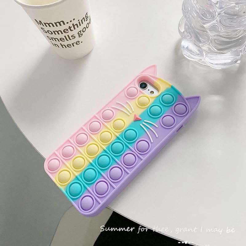 RM® Pop It Rainbow Cat Phone Case for iPhone SE 2020, Stress Relief Push Pop Bubble 3D Cartoon Funny Kawaii Cute Fun Soft Silicone Design Cover, Multicolor 2