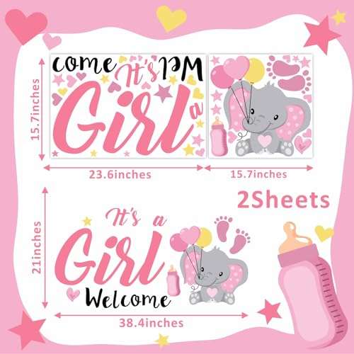 It's A Girl Sign Decls for Backdrop Baby Shower Decorations for Girl Welcome Home Baby Girl Decals Sign for Balloon Arch Baby Elephant Gender Reveal Party Signs 4
