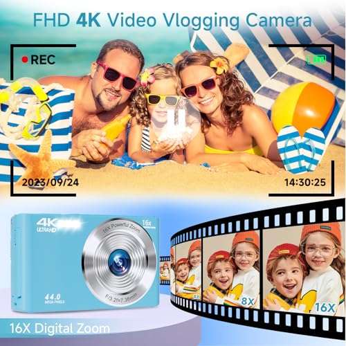SMARTKLIK Digital Camera for Teens, FHD 4K 44MP with 64GB SD Card, 16X Digital Zoom, Compact Point Shoot Camera Blue 2