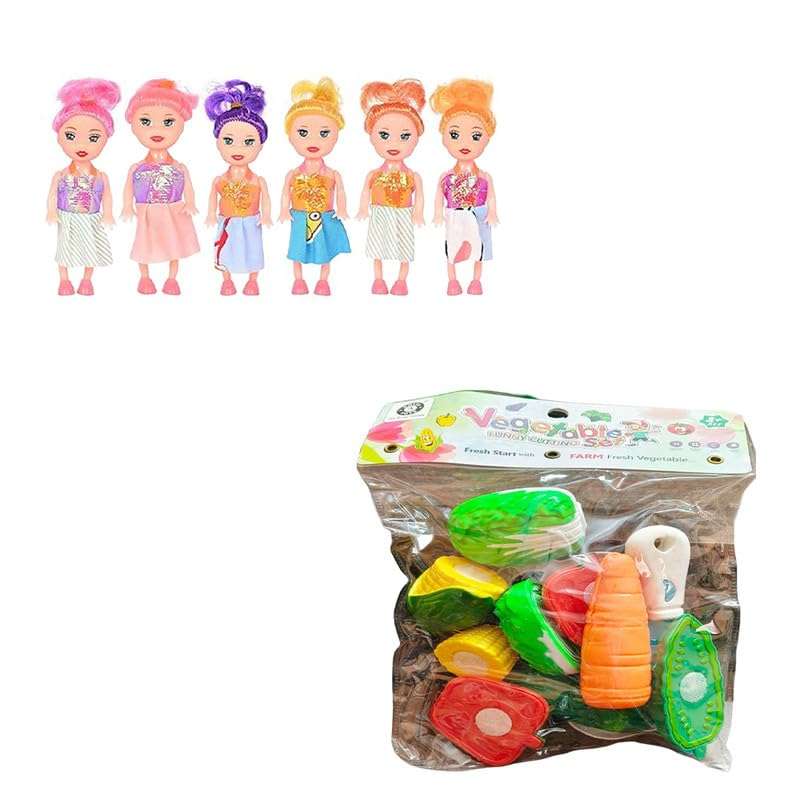 AKTOON TOYS (Combo Pack) Vegetables Cutting Play Toy Set Can Be Sliced in 2 Pieces Rattle & 6 Sisters Doll with Beautyful Hair & Movable Body Parts Doll Set - Multicolor 1