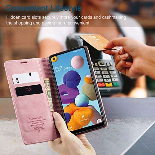 HAII Galaxy A21 Case, Flip Fold Leather Wallet Case with Credit Card Slot and Kickstand Magnetic Closure Protective Cover for Samsung Galaxy A21 (Pink) 5