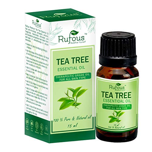 Rufous® Pure Tea Tree Oil For Aromatherapy - Tea Tree Essential Oil For Skin, Face, Hair, Pimples, And Acne Care - 100% Organic Remedy for Anti Dandruff, Stress, And More - 15ml