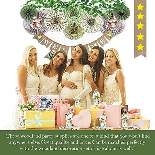 YARA 96 Piece Woodland Animals Baby Shower & Birthday Party Supplies For Boy & Girl Decorations with disposable paper plates napkins and cups of Forest Creatures Fox Theme Tableware Set Serves 24 6