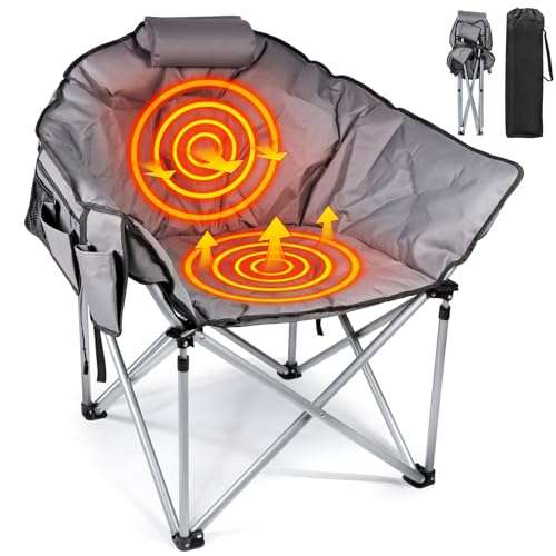 Suteck Heated Camping Chair, Oversized Heated Chairs Outdoor Sports W/3 Heat Levels for Back & Seat, Portable Folding Heated Lawn Chairs for Patio Outdoor Travel, (Battery NOT Included) Grey