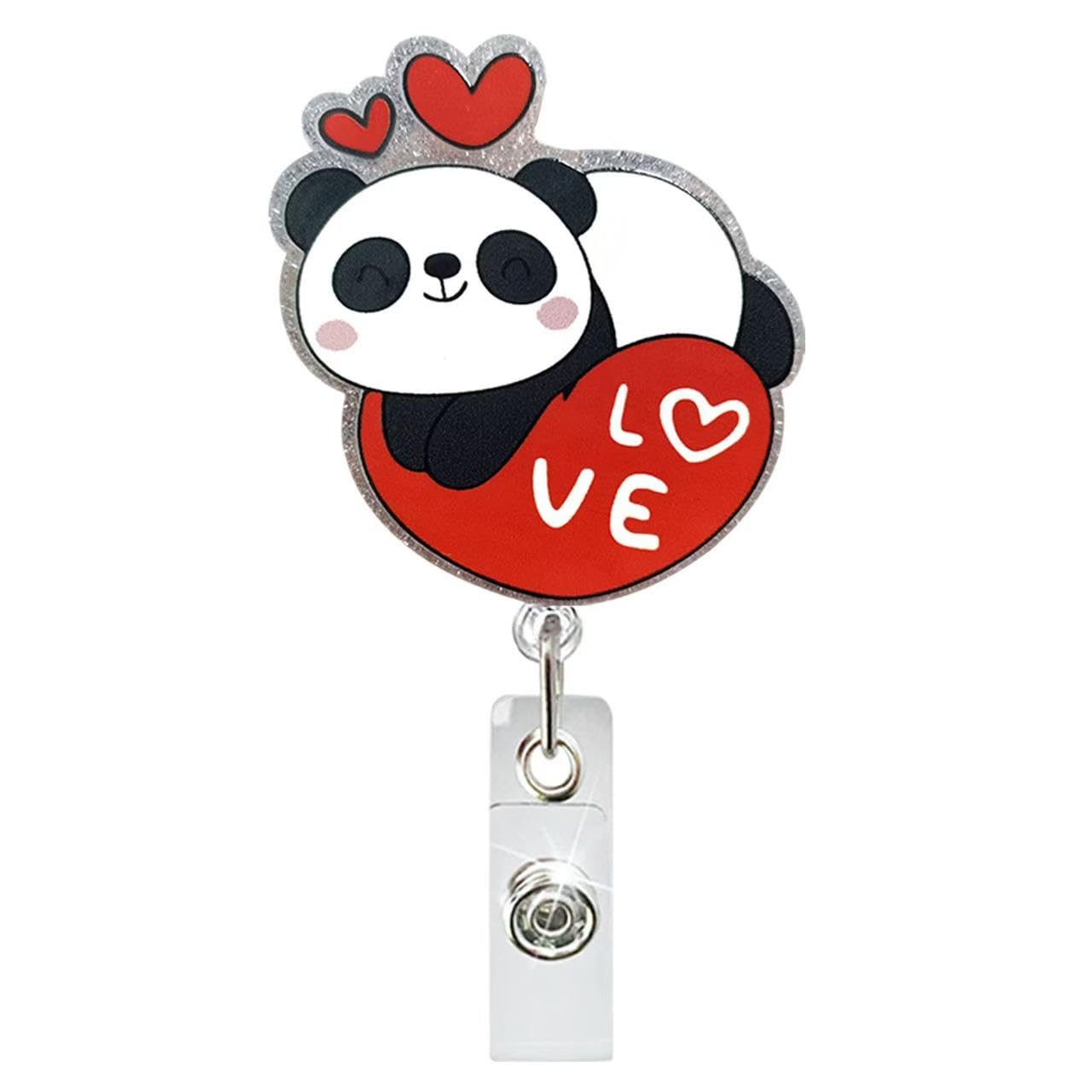 Funny Valentine's Day Badge Reel Retractable with ID Clip for Nurse,Cute Glitter Panda Name Card Tag Holiday Reel Holder for Doctor Teacher Nursing Student RN Alligator Clip Acrylic Accessories Gift