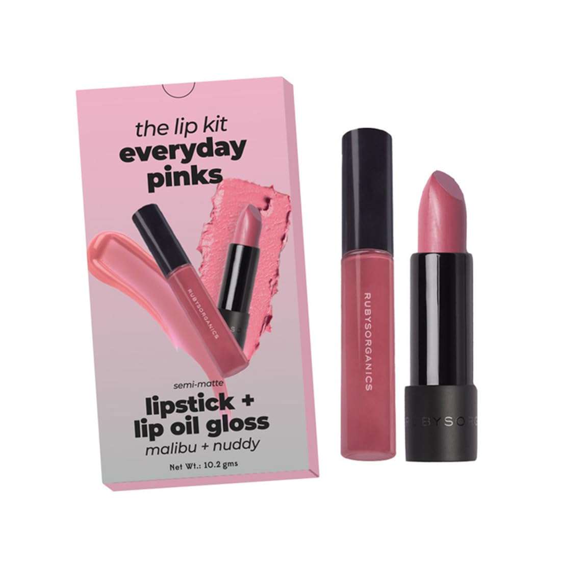 Ruby's Organics Lip Beauty Gift Kit, Everyday Pinks Combo Pack of Lipstick & Lipgloss, Moisturizing, Long Lasting, Non Sticky & Non Drying Formula, Glossy Texture, Lip Makeup, Paraben Free - Nuddy & Malibu 1