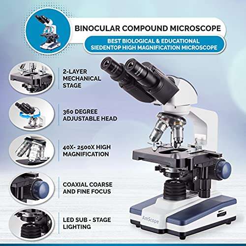 AmScope 40X-2500X LED Binocular Compound Microscope with 50pc Blank Slides and 5MP Camera 2