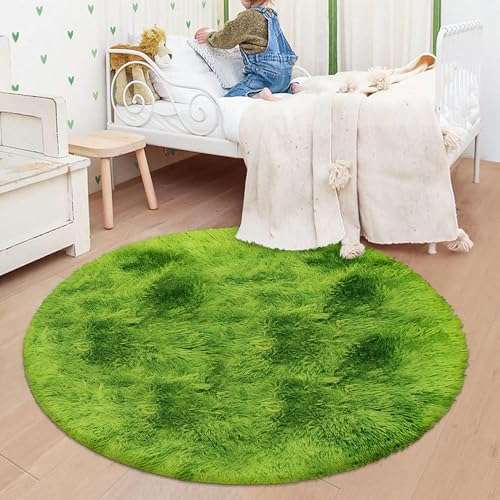 ATRUG 4 ft Fluffy Green Grass Area Rugs for Bedroom,Tie Dyed Plush Circle Rug Shag Round Carpet Fuzzy for Living Room Baby's Toddler's Boys Girls Room Kids Playroom Nursery Decor Aesthetic 2