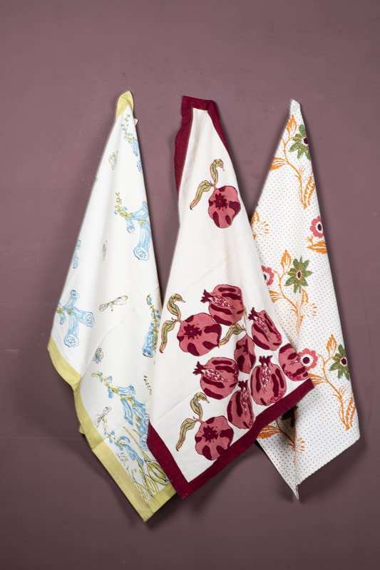 CONTRAST LIVING Lila Hand Block Printed Kitchen Towel/Dish Towel/Hand Towel Multi Color Set of 3 Pcs 1