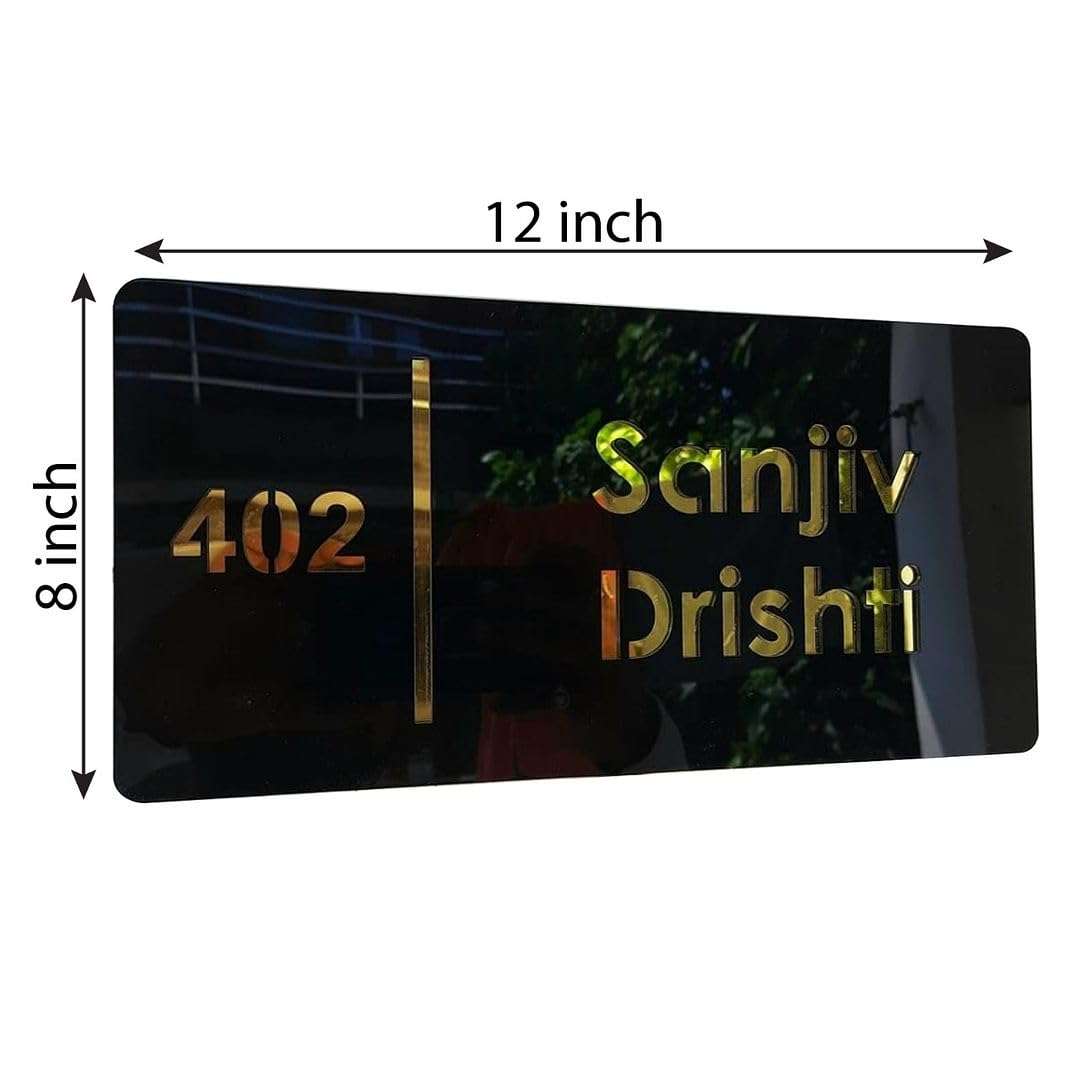 CHELNA Customized White & Mirror Gold Glossy Look Acrylic Name Plate with 2 Pieces of Stainless Steel Studs for Home Entrance, Office Door,Shop,Hotel Rooms, House Warming(12x8). 5