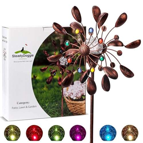 SteadyDoggie 75-Inch Wind Spinners Jewel Cup - Solar-Powered with Multi-Color LED Glass Ball - Metal Kinetic Windmill for Dual Wind Direction - Easy to Assemble Garden and Outdoor Yard Decorations 1