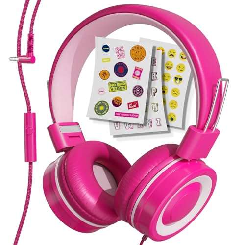 MYZI Kids Headphones with Cord, Foldable Over Ear Headphones for Kids with Microphone, Tangle-Free Wired 85dB Safe Volume Toddler Headphones for iPad, School, and Airplane – Pink 1