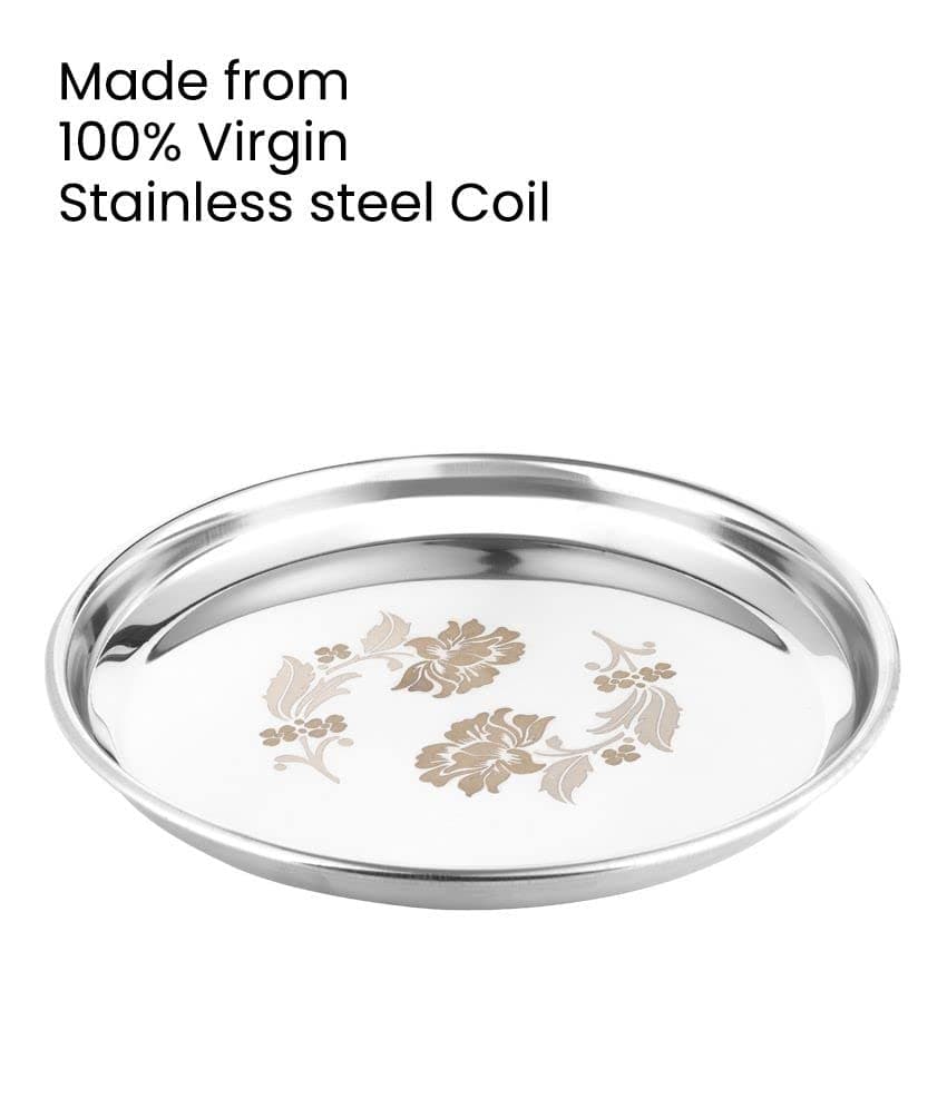 KC Stainless Steel Dinner Plate | Thali | Khumcha Plate with Laser Flower Design Set of 4 Plates (Diamm. 27 Cms) 5