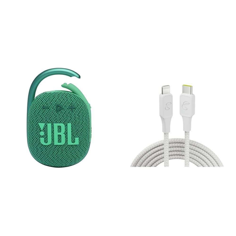 JBL Clip 4 Eco - Ultra-Portable Waterproof Speaker (Green) and InfinityLab InstantConnect USB-C to Lightning - 20W PD Fast Charging Cable for iPhone and iPad - White 1